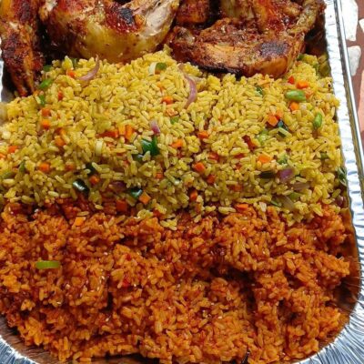 Jollof (2 spoon) + Fried Rice (2 spoon) + Meat