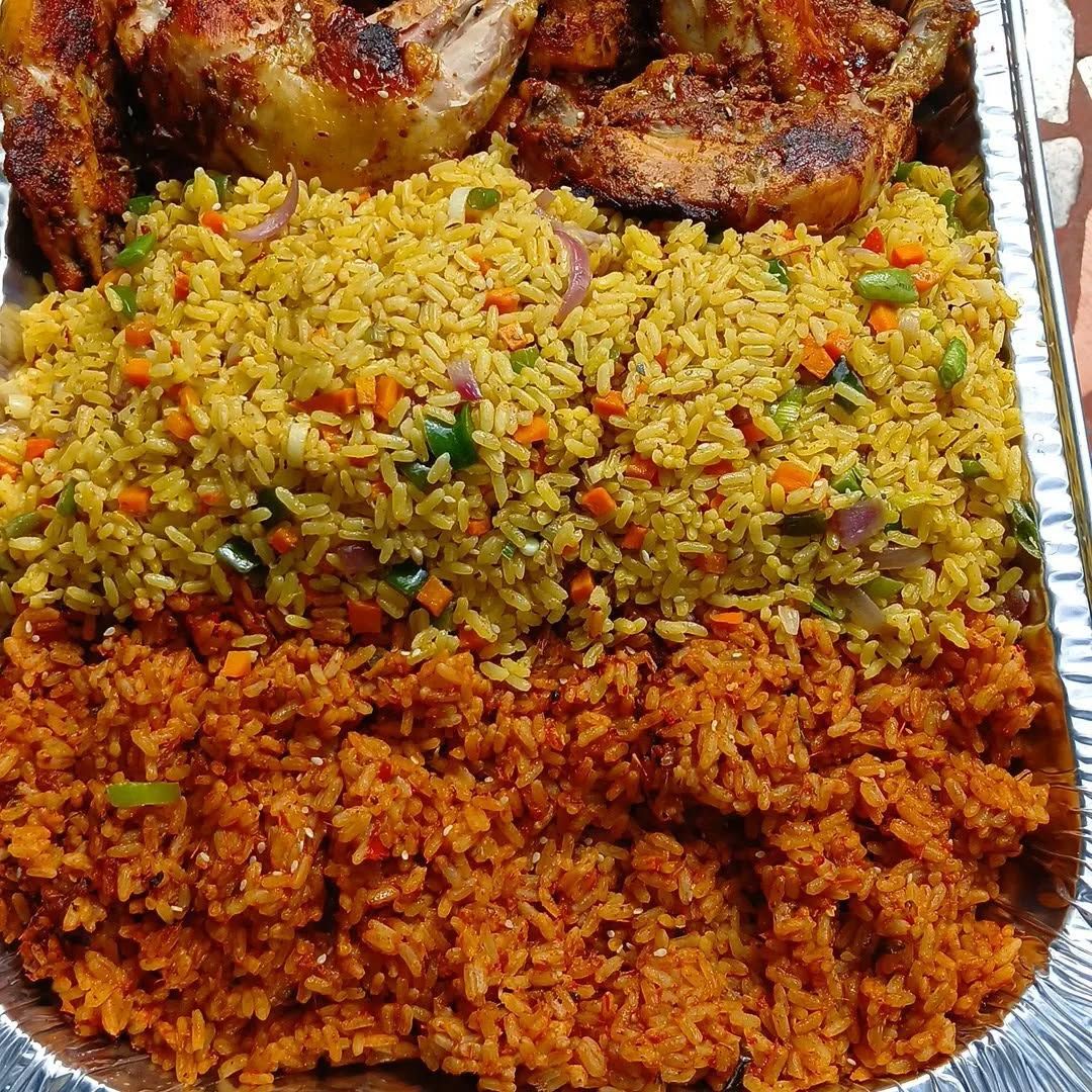 Jollof (2 spoon) + Fried Rice (2 spoon) + Meat