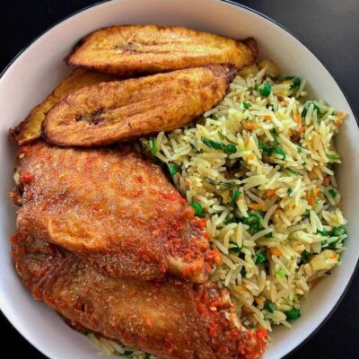 Rice, Chicken, Fish, Plantain & Water